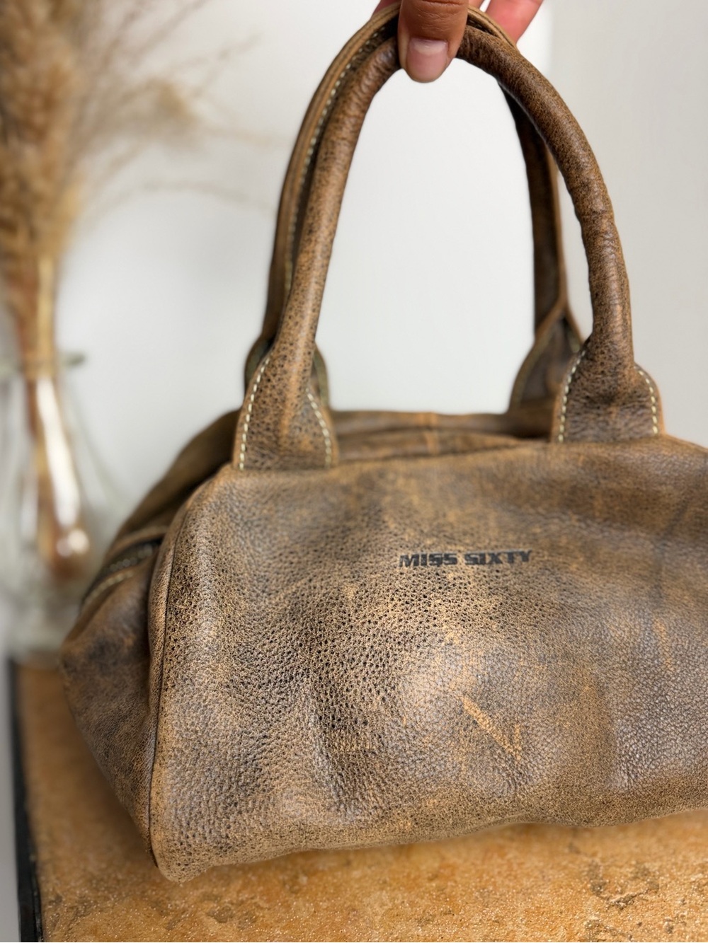 Miss Sixty Y2K Distressed Brown Leather Bowler Satchel Bag Made in Italy